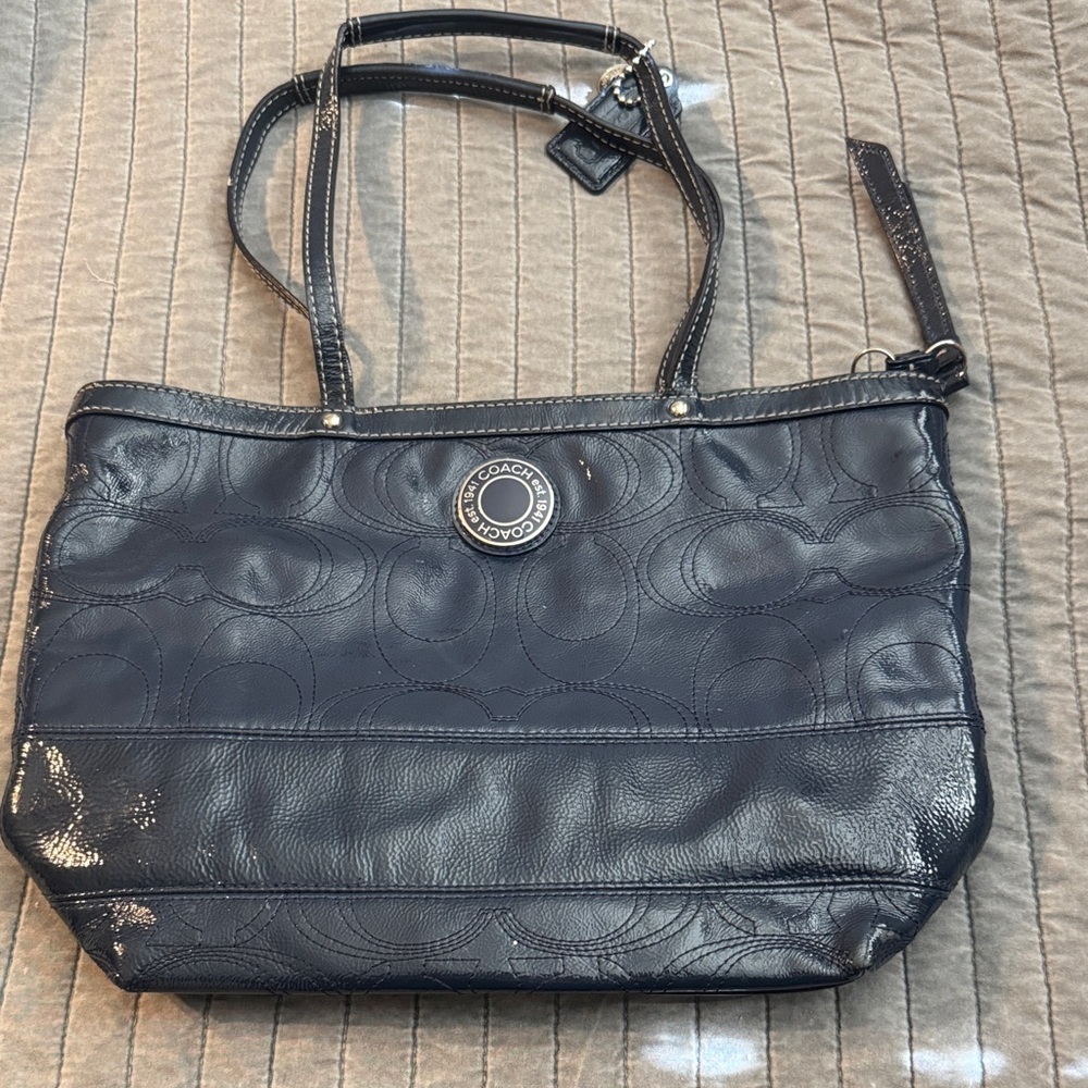 Coach Navy Leather Signature Tote with Circular Medallion